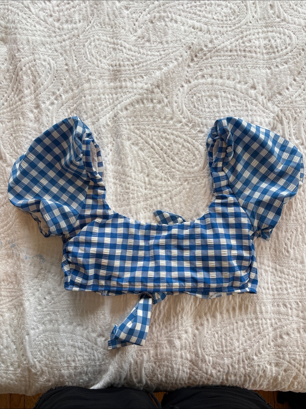 Gianni Bini Blue and White Gingham High Rise Puff Sleeve Bikini Swimsuit Size M - Picture 8 of 12